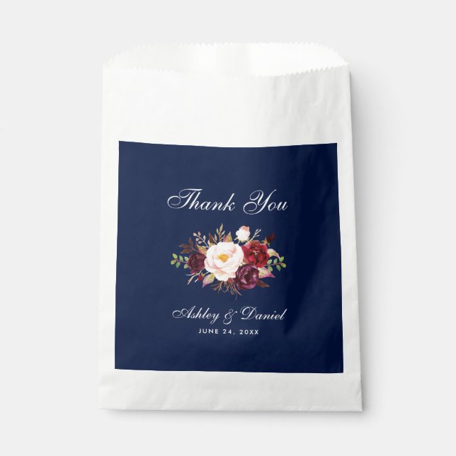 Sachets En Papier Aquarelle Floral Bourgogne bleu Mariage Merci (Devant)