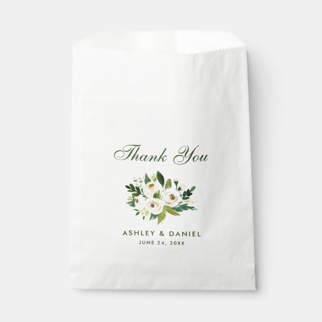 Sachets En Papier Aquarelle Floral Vert Mariage blanc Merci (Devant)