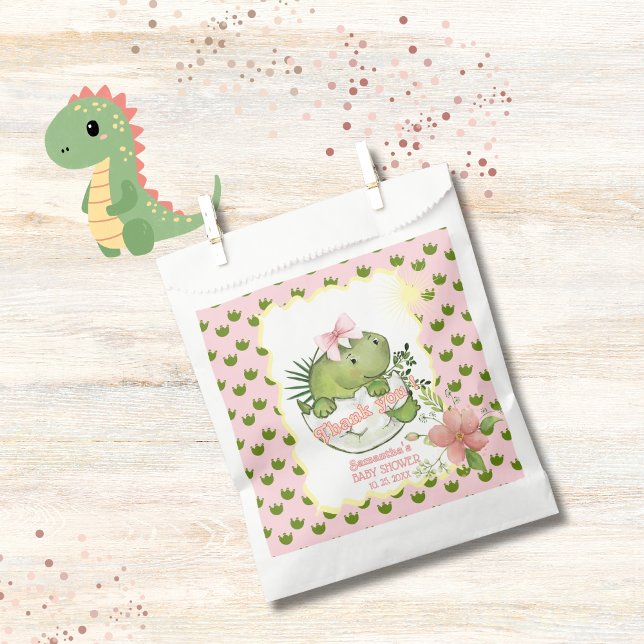 Sachets En Papier Aquarelle Hatching Dino Girl Baby shower Goodie (Watercolor Hatching Dino Girl Baby Shower Goodie Favor Bag)