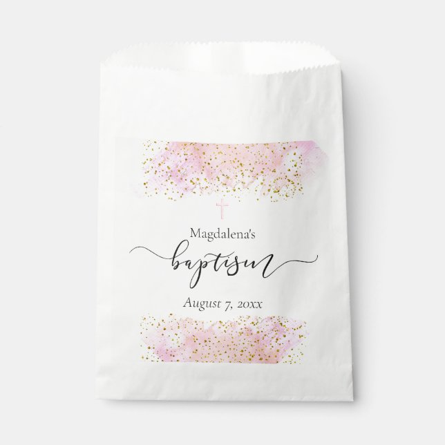 Sachets En Papier aquarelle rose | faux or détails Baptême (Devant)
