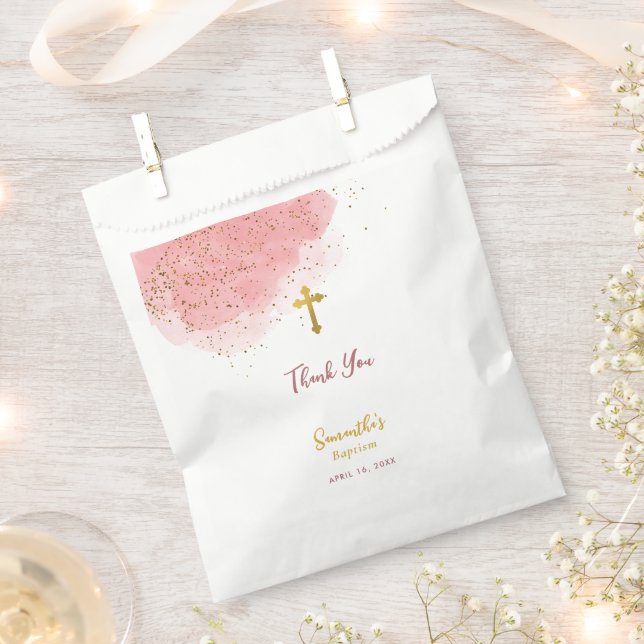 Sachets En Papier Aquarelle rose Parties scintillant Gold Cross Bapt (Coupé)