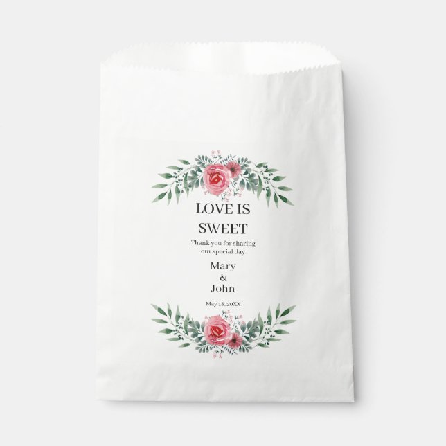Sachets En Papier Aquarelle Rose Rose Vert Feuillage (Devant)