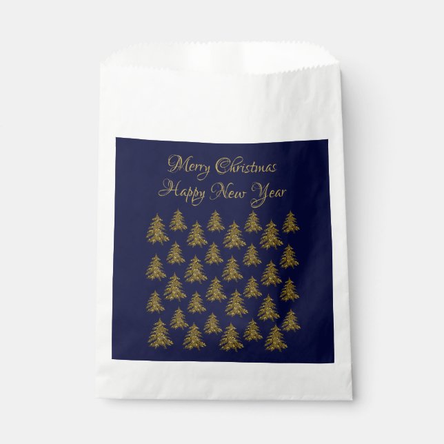 Sachets En Papier Arbre de Noël en or brillant sur Noël bleu (Devant)