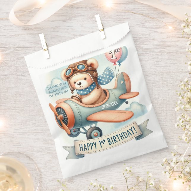 Sachets En Papier Avion Boy Bear 1ère fête d'anniversaire (Coupé)