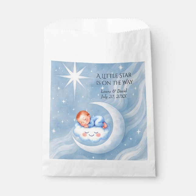 Sachets En Papier Baby Boy Douche Invitation Lune Étoiles Aquarelle (Devant)