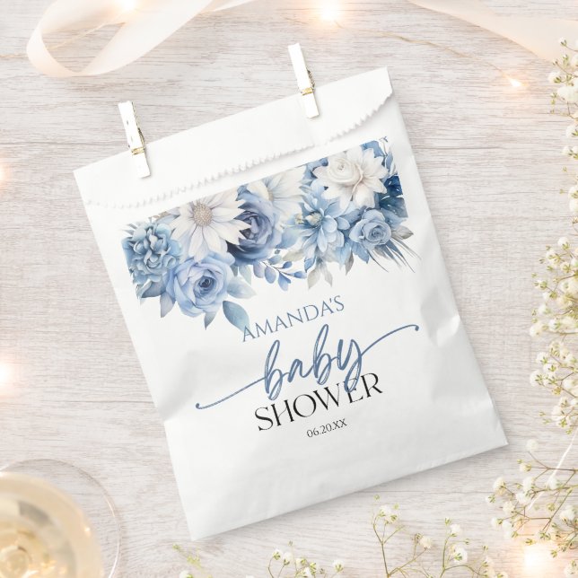 Sachets En Papier Baby shower aux fleurs bleues poussiéreuses (Coupé)