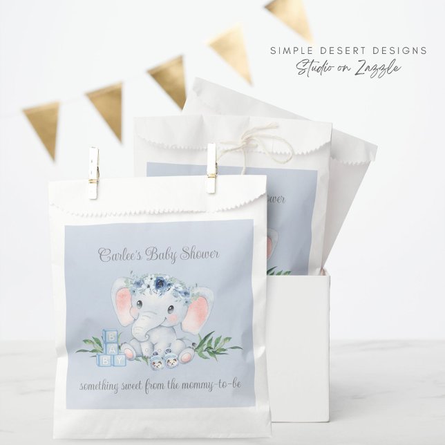 Sachets En Papier Baby shower Blue Floral Elephant Boy Merci (Cute Elephant Baby Shower Favor Bags or Goodie Bags as Thank You Gift)