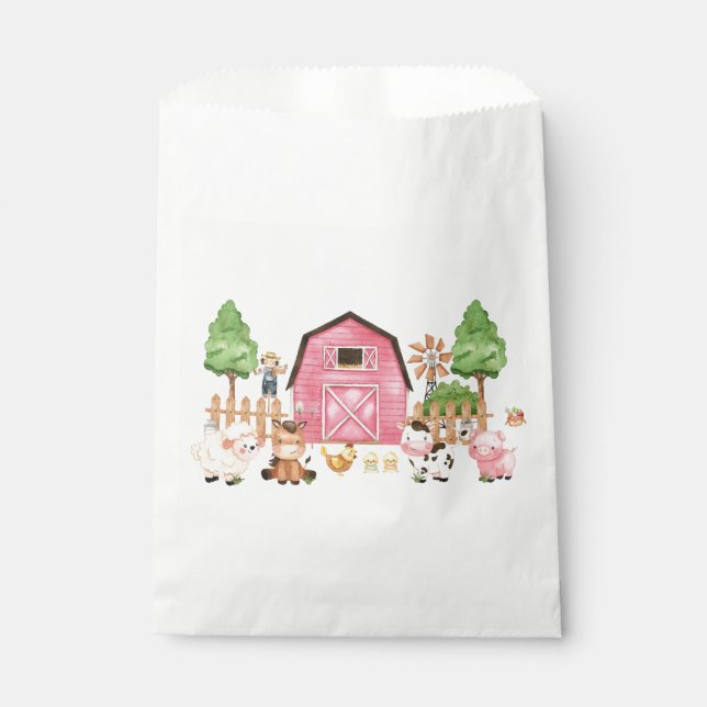 Sachets En Papier Baby shower d'animaux de ferme roses (Devant)