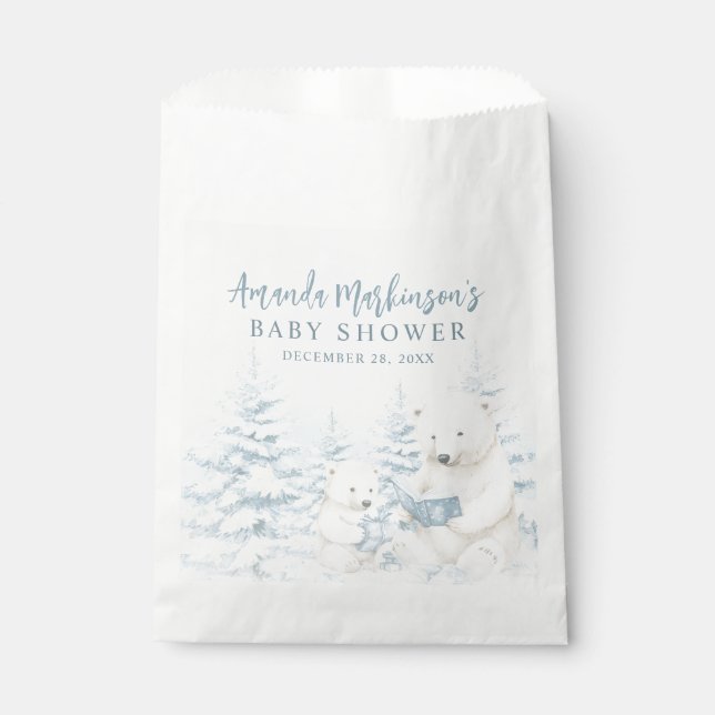 Sachets En Papier Baby shower d'aquarelle bleu d'ours polaire d'hive (Devant)