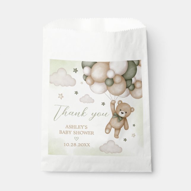 Sachets En Papier Baby shower de ballon d'ours vert (Devant)