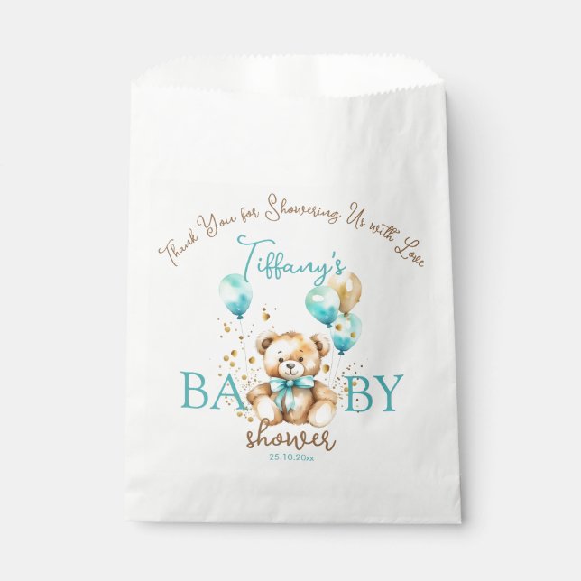Sachets En Papier Baby shower en peluche favorise mignon aqua marron (Devant)