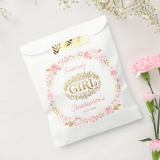 Sachets En Papier Baby Shower Fille Rose Poudré & Fleurs Dorées