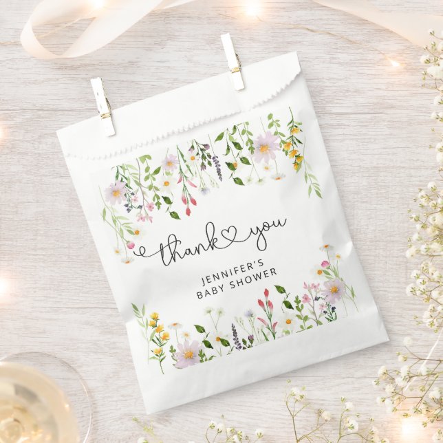 Sachets En Papier Baby shower fleur sauvage aquarelle merci (Coupé)