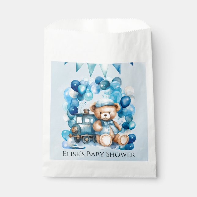 Sachets En Papier Baby shower Garçon Teddy Bear Blue Train (Devant)