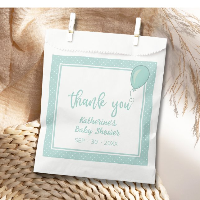 Sachets En Papier Baby shower Genre Neutre Monnaie Vert BOHO (BOHO Baby Shower Gender-Neutral Favor Bag with Mint Green Polka Dots, Balloon, Mom's Name, Date.)