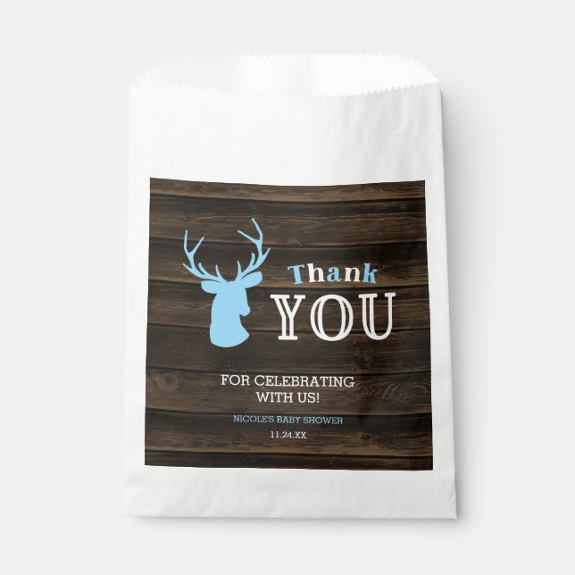 Sachets En Papier Baby shower Rustique Bois Bleu Cerf Bois Merci (Devant)