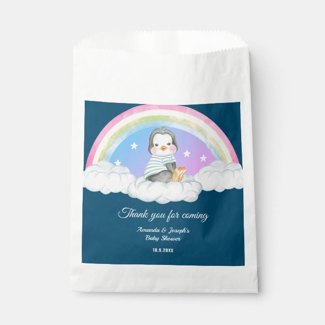Sachets En Papier Bleu Baby shower mignon Pingouin animal (Devant)