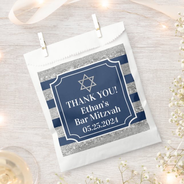 Sachets En Papier Bleu, Gris Barre Barre Mitzvah Merci (Coupé)