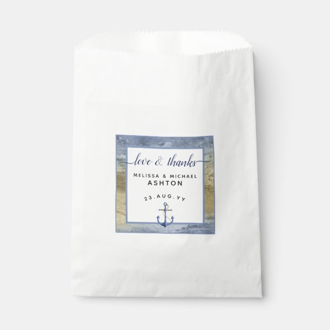 Sachets En Papier #Bleu Nautique & Or #Ancre #Evénement #Mariage (Devant)