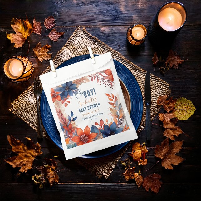 Sachets En Papier Bleu | Terracotta Oh Boy Fall Baby shower Floral (Boho Blue and Terracotta Fall |  Autumn Floral "Oh Boy!" Baby Shower Favor Bags)