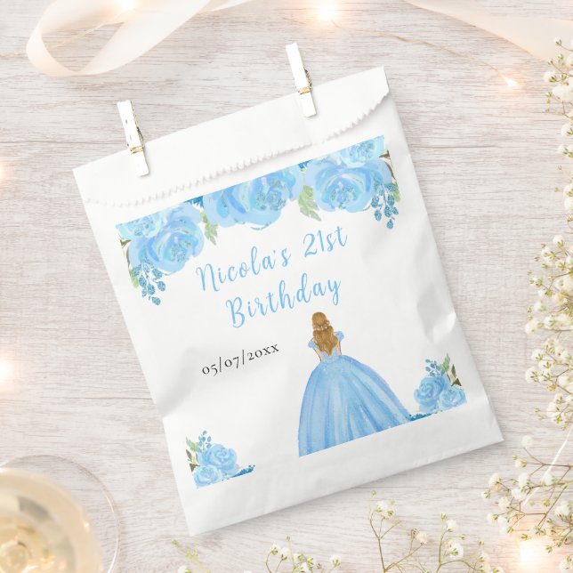 Sachets En Papier Blonde Hair Princess Blue Floral Birthday Party (Coupé)