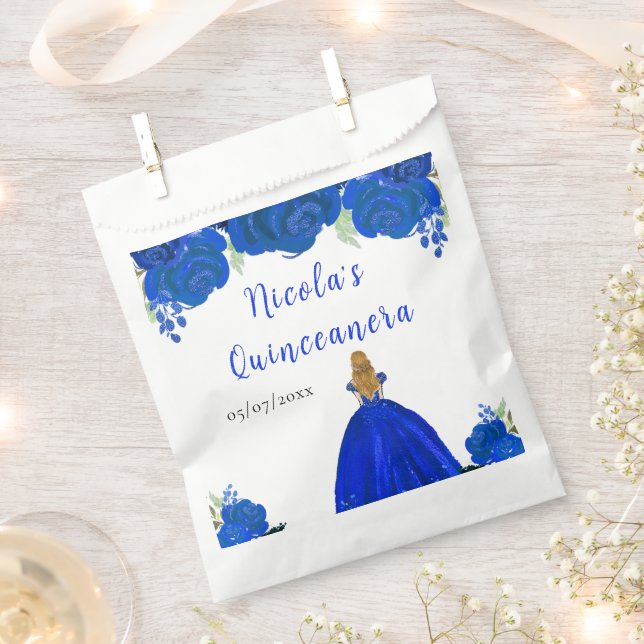 Sachets En Papier Blonde Hair Princess Blue Floral Quinceanera (Coupé)