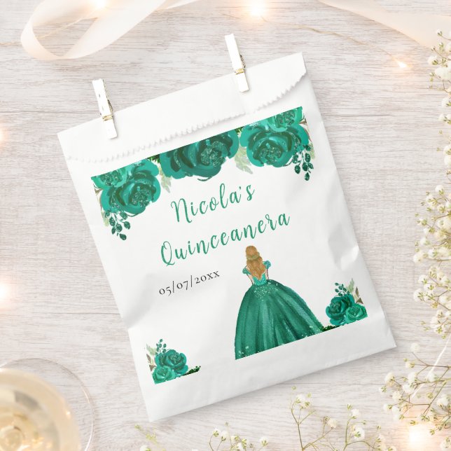 Sachets En Papier Blonde Hair Princess Green Floral Quinceanera (Coupé)