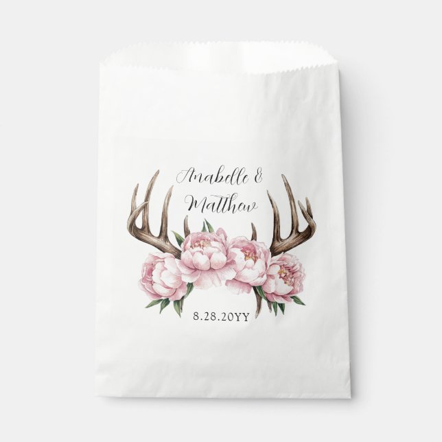 Sachets En Papier Boho Antler avec Mariage Pink Peonies (Devant)