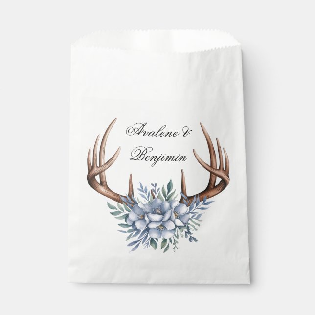 Sachets En Papier Boho Deer Antler avec Mariage Floral bleu (Devant)