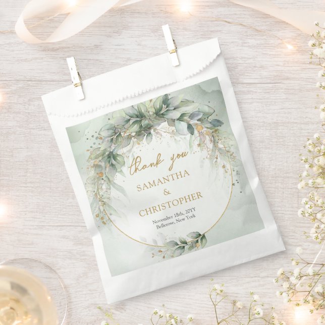 Sachets En Papier Boho Eucalyptus branches vertes faux cadre or (Coupé)