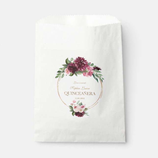 Sachets En Papier Bourgogne Blush Floral Mis Quince Quinceañera (Devant)