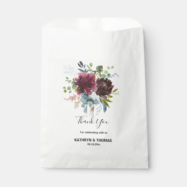 Sachets En Papier Bourgogne Floral et Merci vert Mariage (Devant)