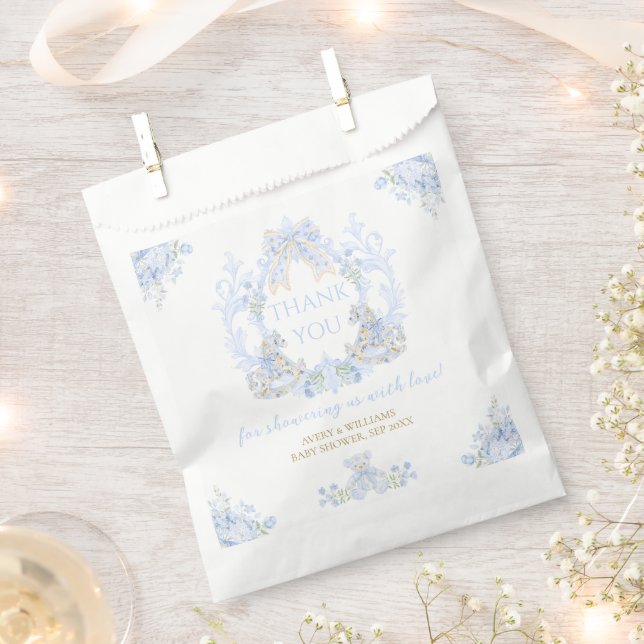 Sachets En Papier Bow Floral Crest Rustic Blue Boy Baby shower (Coupé)