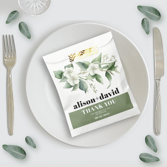 Sachets En Papier Branche, verdure fleurs blanches typographie maria (Créateur téléchargé)