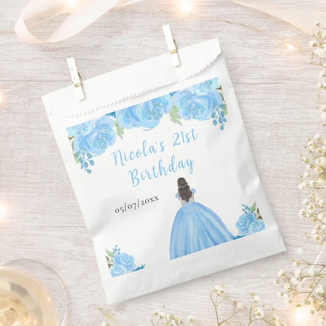 Sachets En Papier Brown Hair Princess Blue Floral Birthday Party (Coupé)