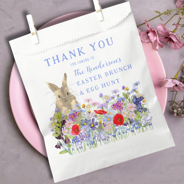 Sachets En Papier Brunch de Pâques et chasse aux oeufs Merci personn (Easter brunch and egg hunt floral custom thank you favor bags watercolor wildflowers and cute bunny )