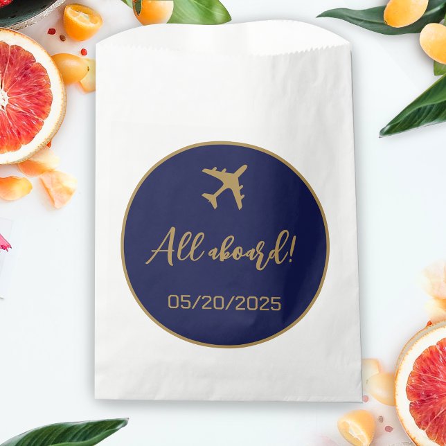 Sachets En Papier Calligraphie Bleu Et Gold Boararing Pass Mariage (Boarding Pass Wedding Favor Bag)