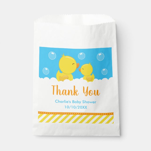 Sachets En Papier Caoutchouc Baby shower bleu Merci jaune (Devant)