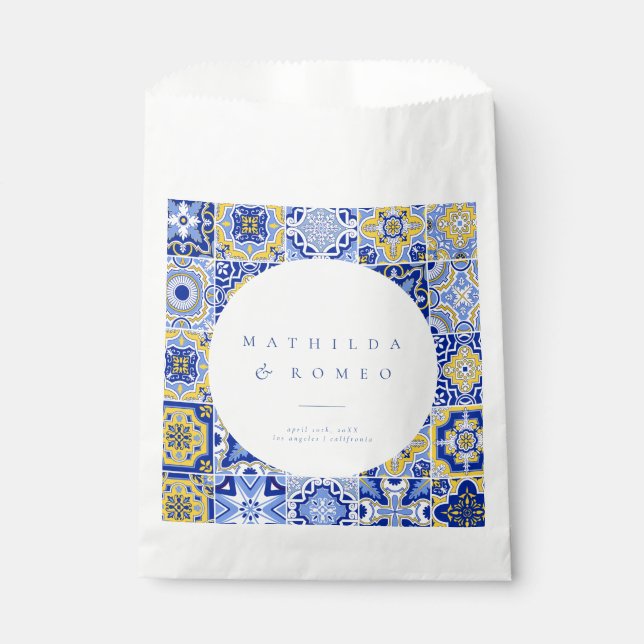 Sachets En Papier Carrelage Bleu Méditerranéen & Citrus Mariage Favo (Devant)