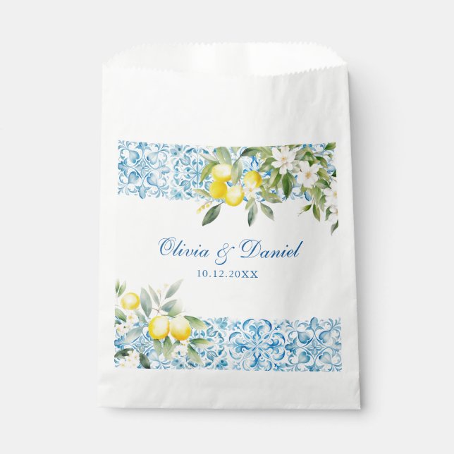 Sachets En Papier Carrelage bleu méditerranéen & Mariage citron (Devant)