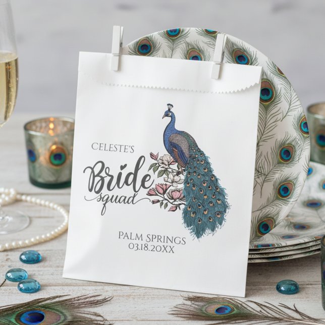 Sachets En Papier Chic Blue Peacock Bride Squad (Chic Floral Peacock Bride Squad Bridal Shower Favor Bags for Elegant Flower & Bird Theme Wedding)