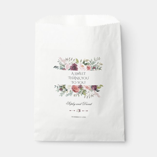 Sachets En Papier Chic Bourgogne Blush Ivory Floral Mariage MERCI (Devant)