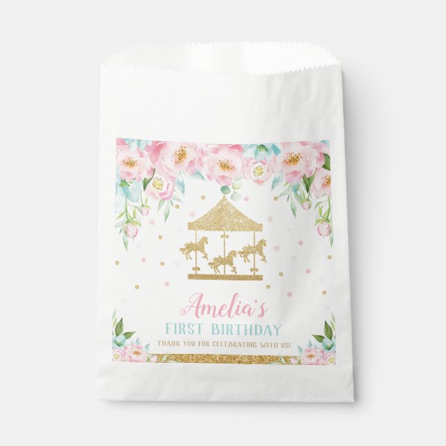 Sachets En Papier Chic Pink Mint Floral Carousel fête d'anniversaire (Devant)