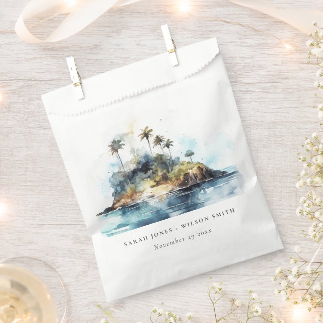 Sachets En Papier Chic Watercolor Seascape Palm Tree Island Mariage (Coupé)