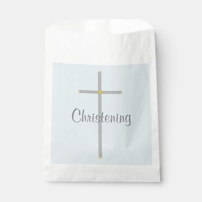 Sachets En Papier Christening Boy Blue Grey Silver Cross (Devant)