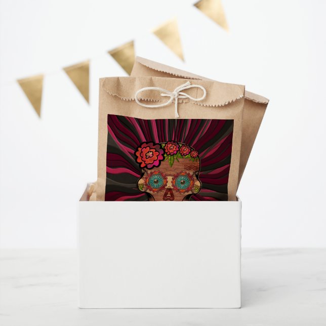 Sachets En Papier Crâne de sucre en bois sculpté avec couronne fleur (Fête)
