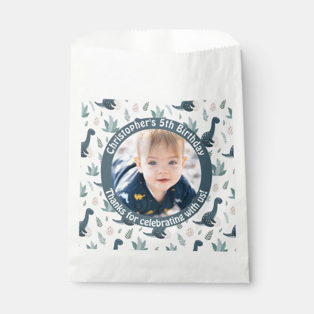Sachets En Papier Cute Blue Green Dinosaur Photo personnalisée et no (Devant)