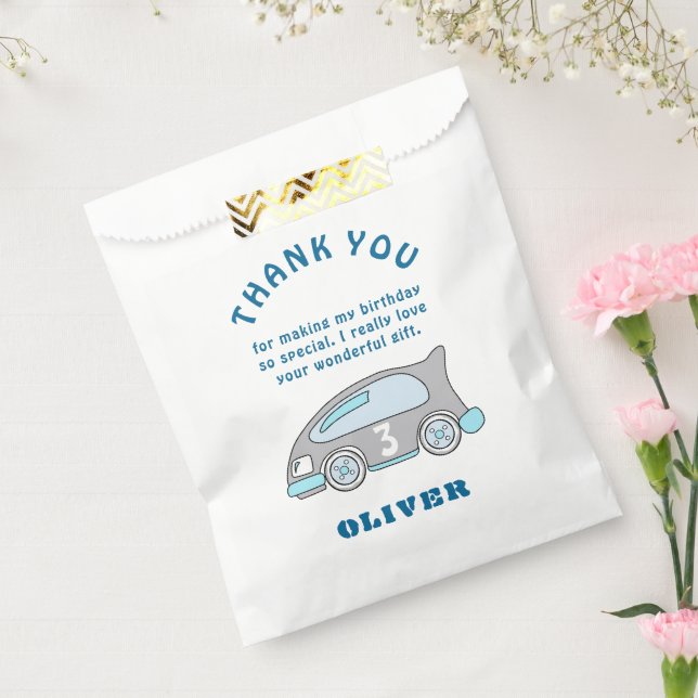 Sachets En Papier Cute Race Car Blue Nom Du Garçon Enfants Merci (Scellé)