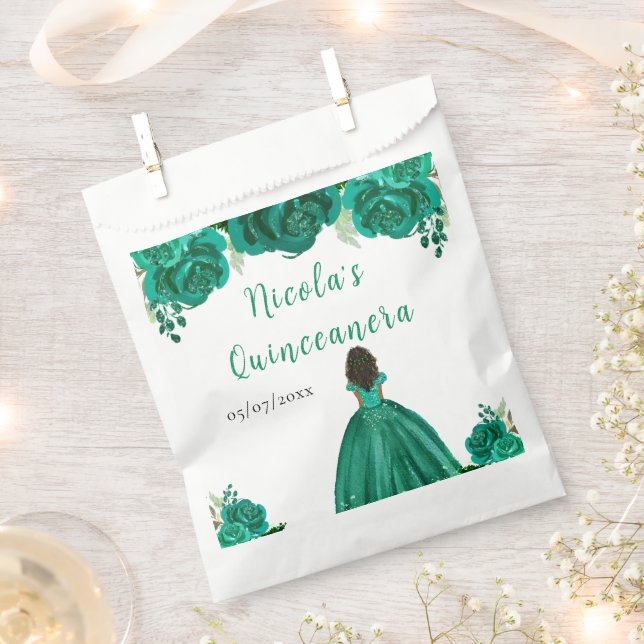 Sachets En Papier Dark Skin Princess Green Floral Quinceanera (Coupé)