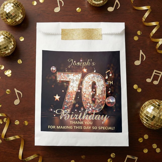 Sachets En Papier Disco Ball Music Notes Gold Glitter 70th Birthday  (Créateur téléchargé)